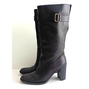 Roberto Del Carlo Blk Leather Tall Boot Block Heel Buckle Strap Italy 37 US 7